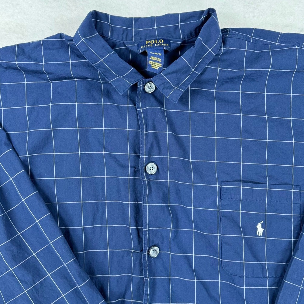 Polo Ralph Lauren Mens XL Pajama Top Blue Windowpane Grid Cotton Button Down